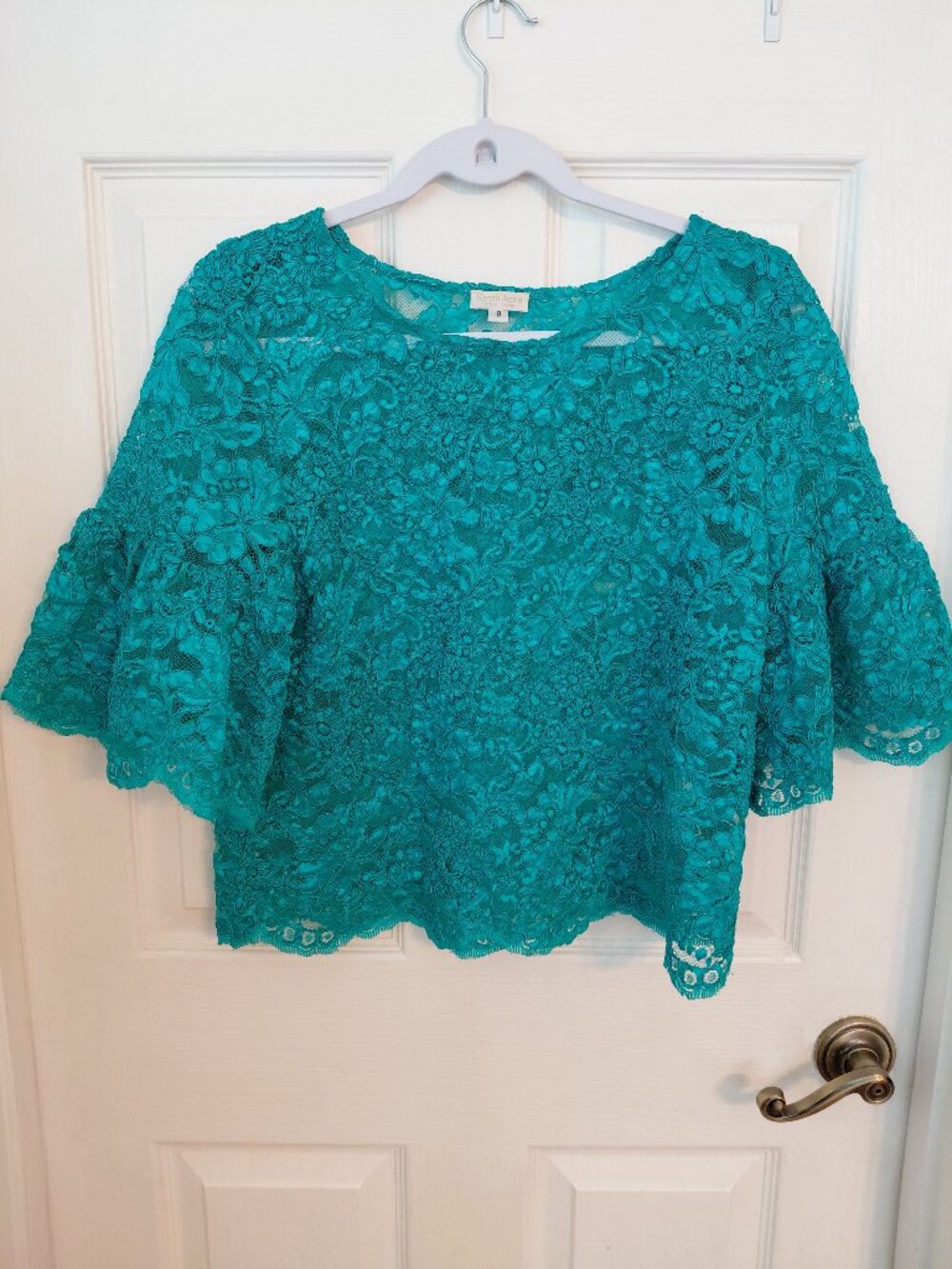 Vintage Reem Acra Turquoise Sheer Lace Applique Top Blouse USA Luxury Spring